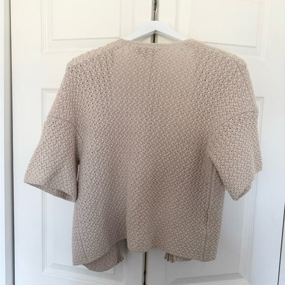 LOFT Tan Cream Knit Open Front Cardigan Short Sleeve Shrug Sweater Size Medium - Picture 6 of 6